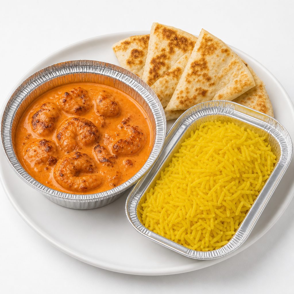 Buttered Shrimp with Seasoned Yellow Rice & Pita.