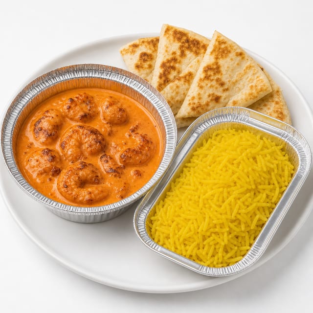 Buttered Shrimp with Seasoned Yellow Rice & Pita.