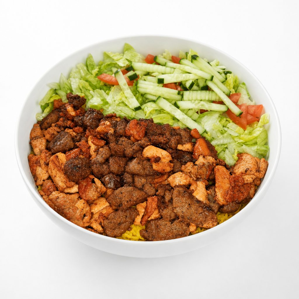 Mixed Lamb and Chicken Over Salad.