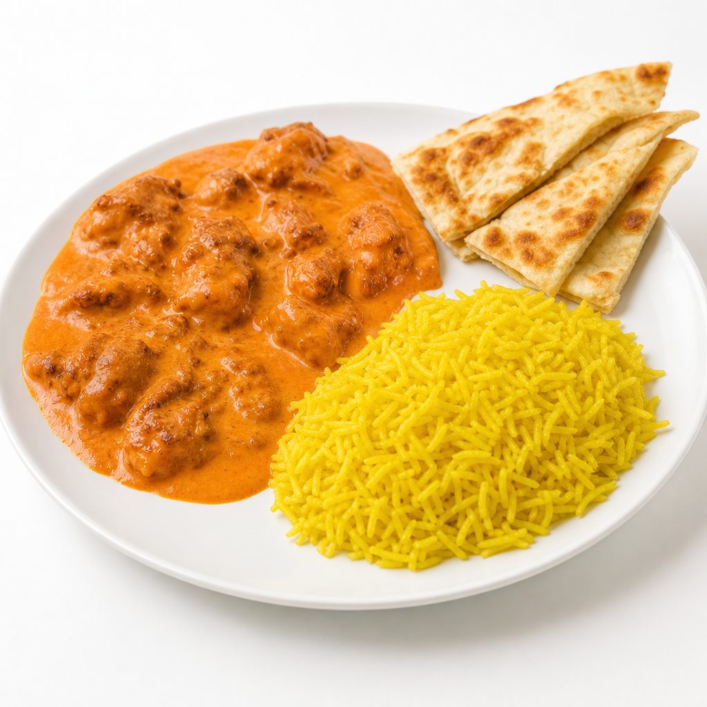 Buttered Chicken with Seasoned Yellow Rice & Pita.